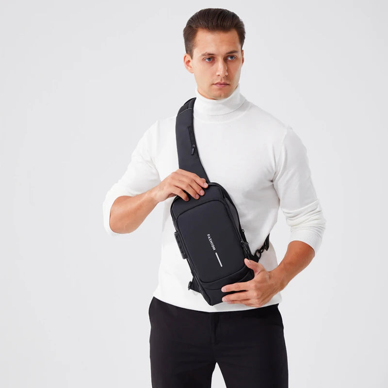 Waterproof Casual Chest Bag Men's Multifunction Anti-theft USB Charging Men Crossbody Bag Patent Leather Travel Chest Bag Pack