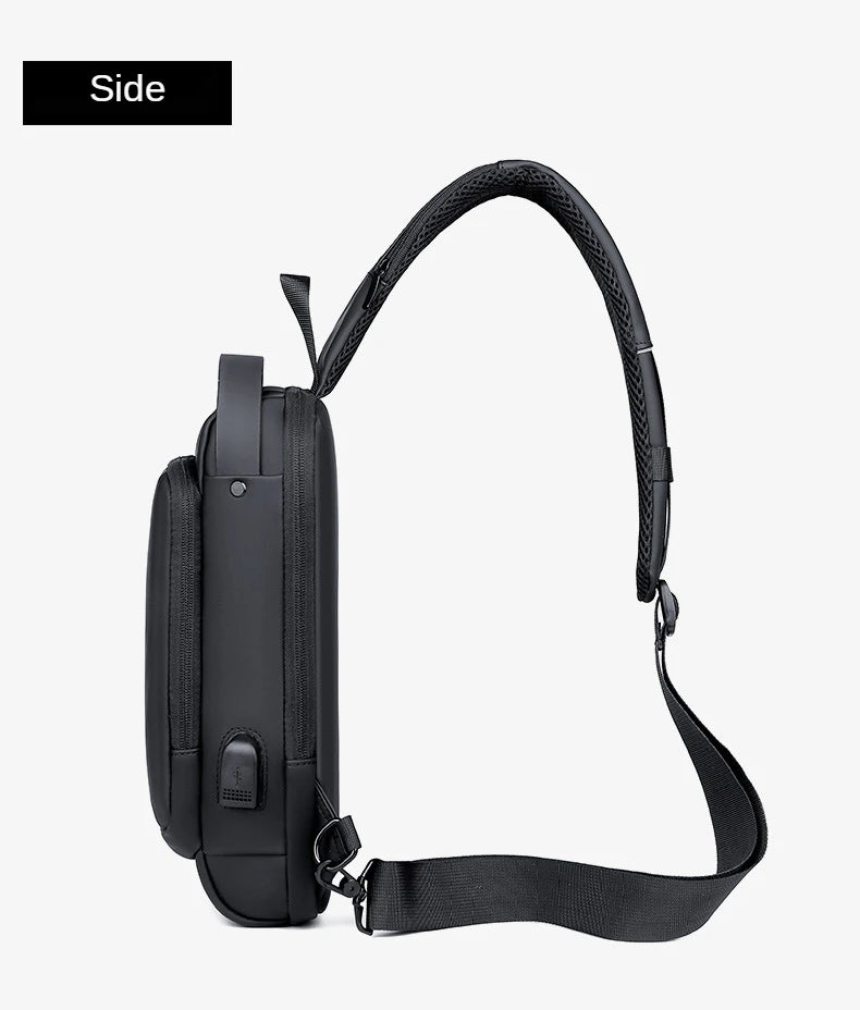 Waterproof Casual Chest Bag Men's Multifunction Anti-theft USB Charging Men Crossbody Bag Patent Leather Travel Chest Bag Pack