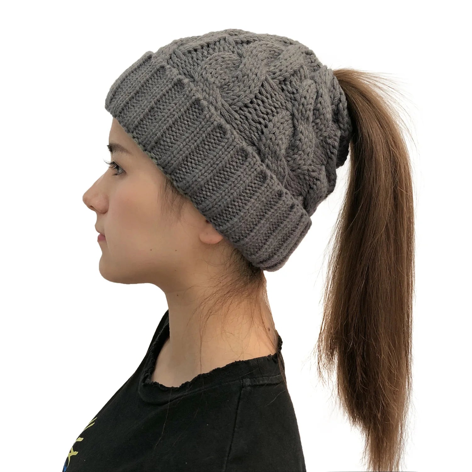 Women Winter Hats Beanies Knitted Girls Cap Twist Crochet Winter Hats For Female Pompom Beanie Ear Braid Ponytail Hat Skullies