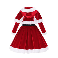 Children Christmas Cosplay Costume Santa Claus Dress Xmas Outfit Set Red New Year Dress Cloak Belt For Girls